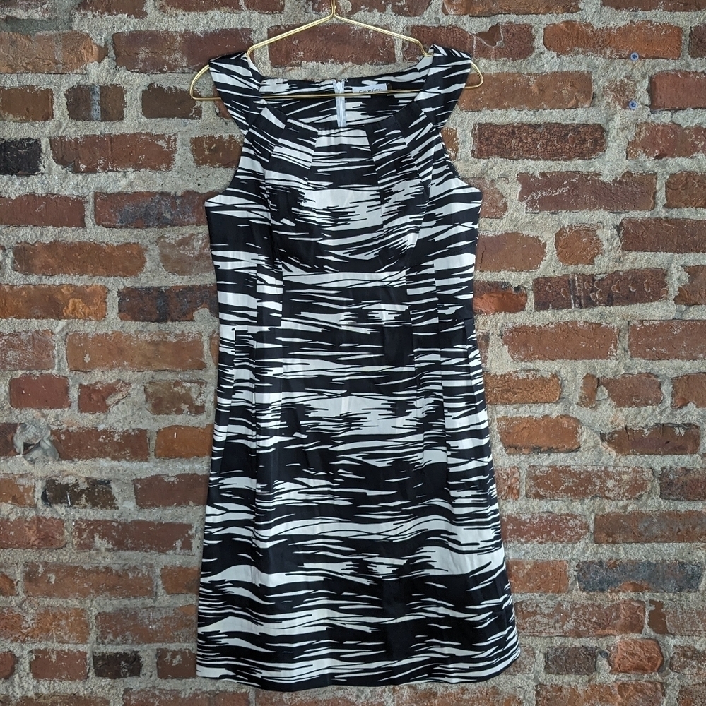Calvin Klein Size 8 Black & Off White Brush Stroke A-Line Dress - Picture 1 of 8